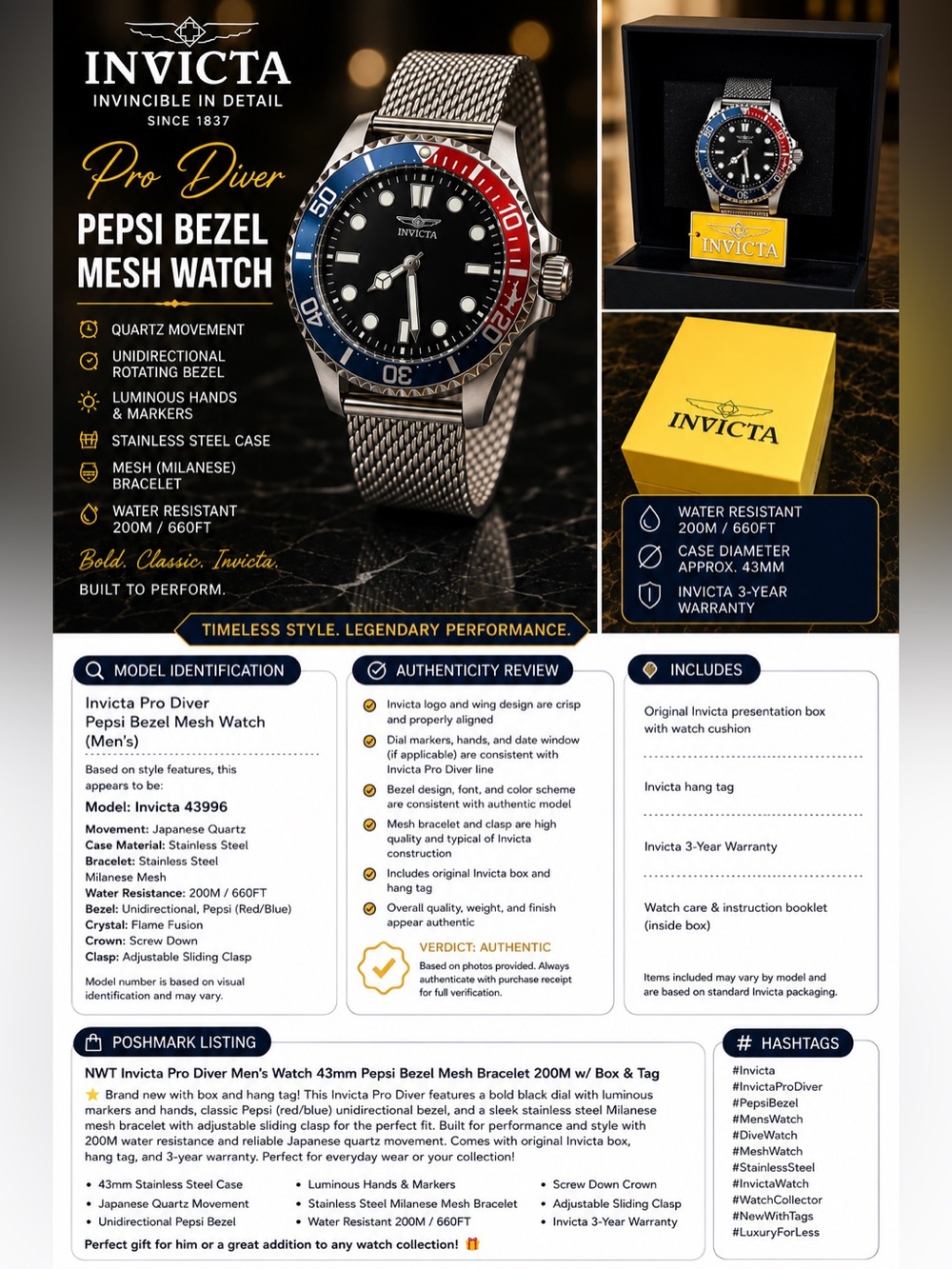 🖤 NWT Invicta Pro Diver Men’s Watch 43mm Pepsi Bezel